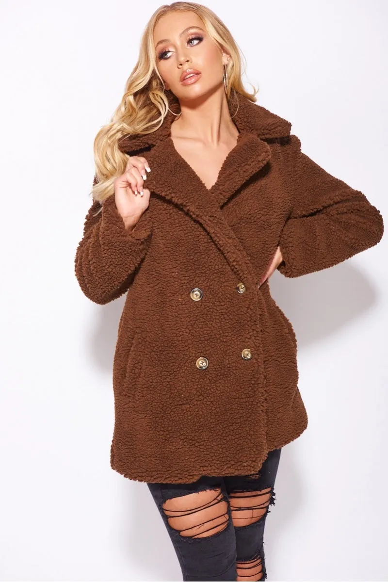 Brown Double Breasted Borg Teddy Coat