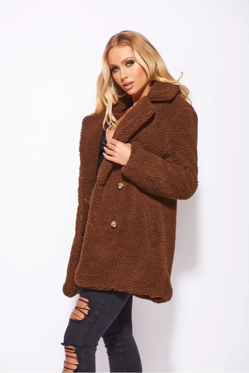 Brown Double Breasted Borg Teddy Coat