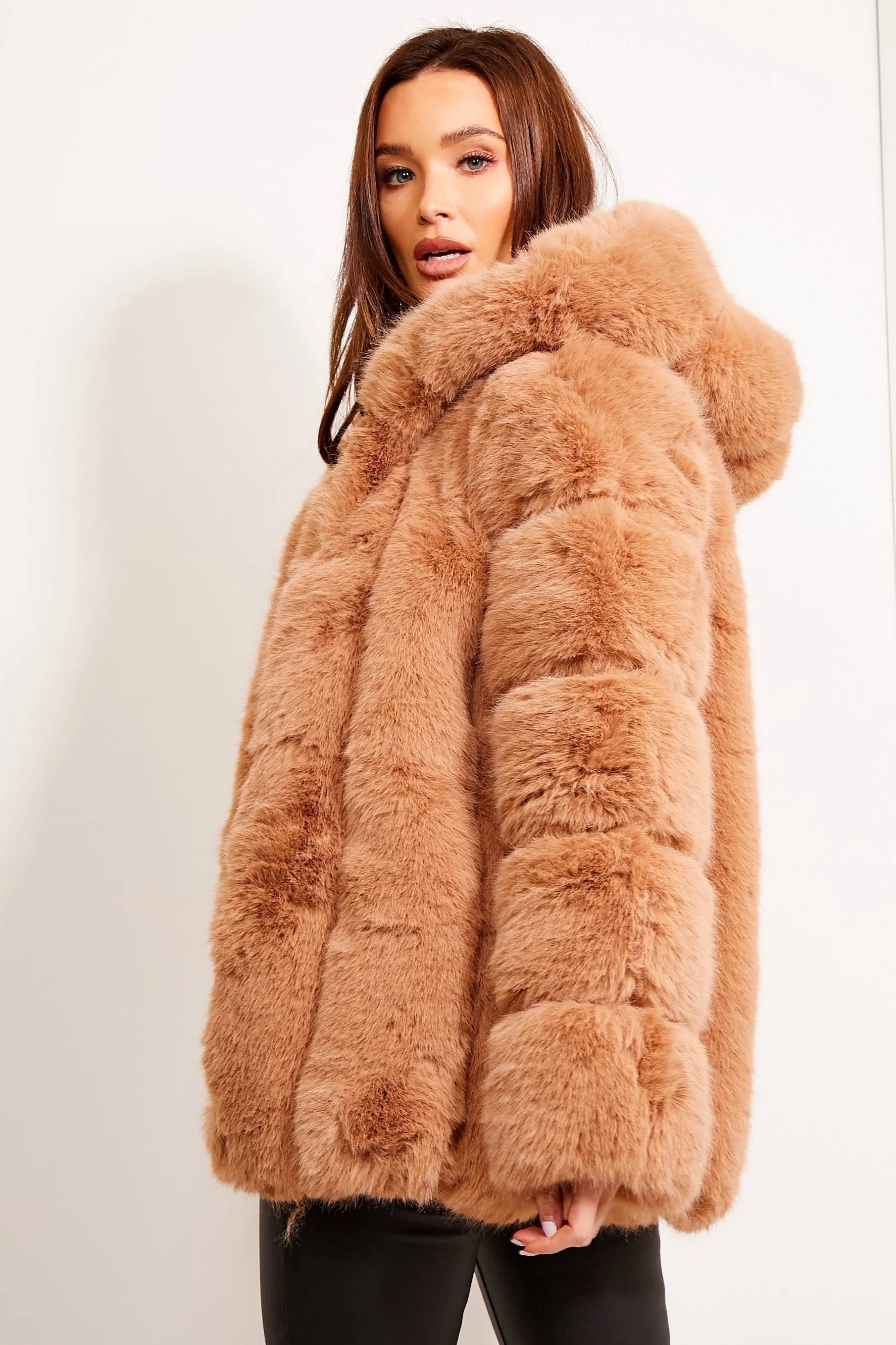 Camel Faux Fur Panelled Hooded Coat