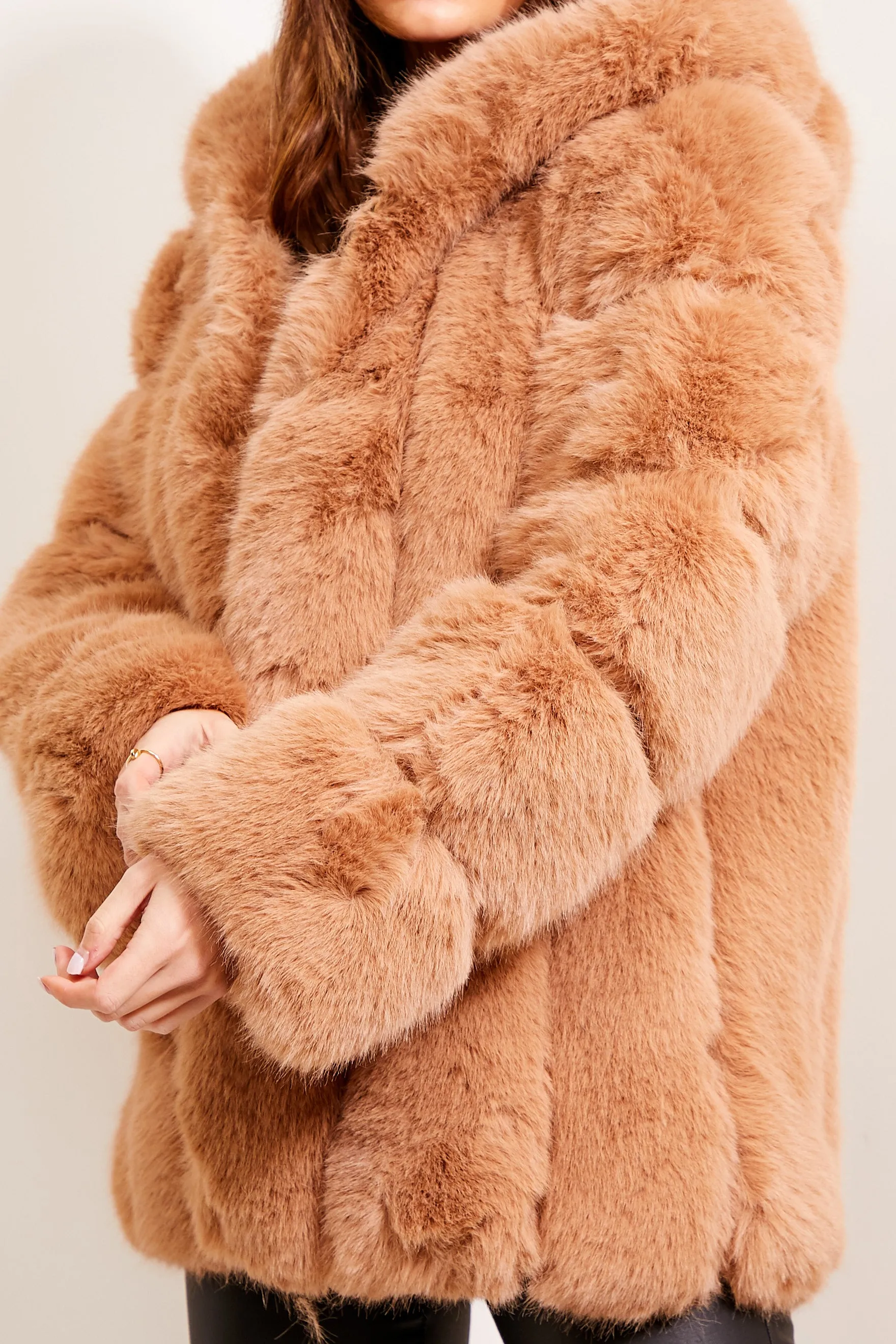 Camel Faux Fur Panelled Hooded Coat