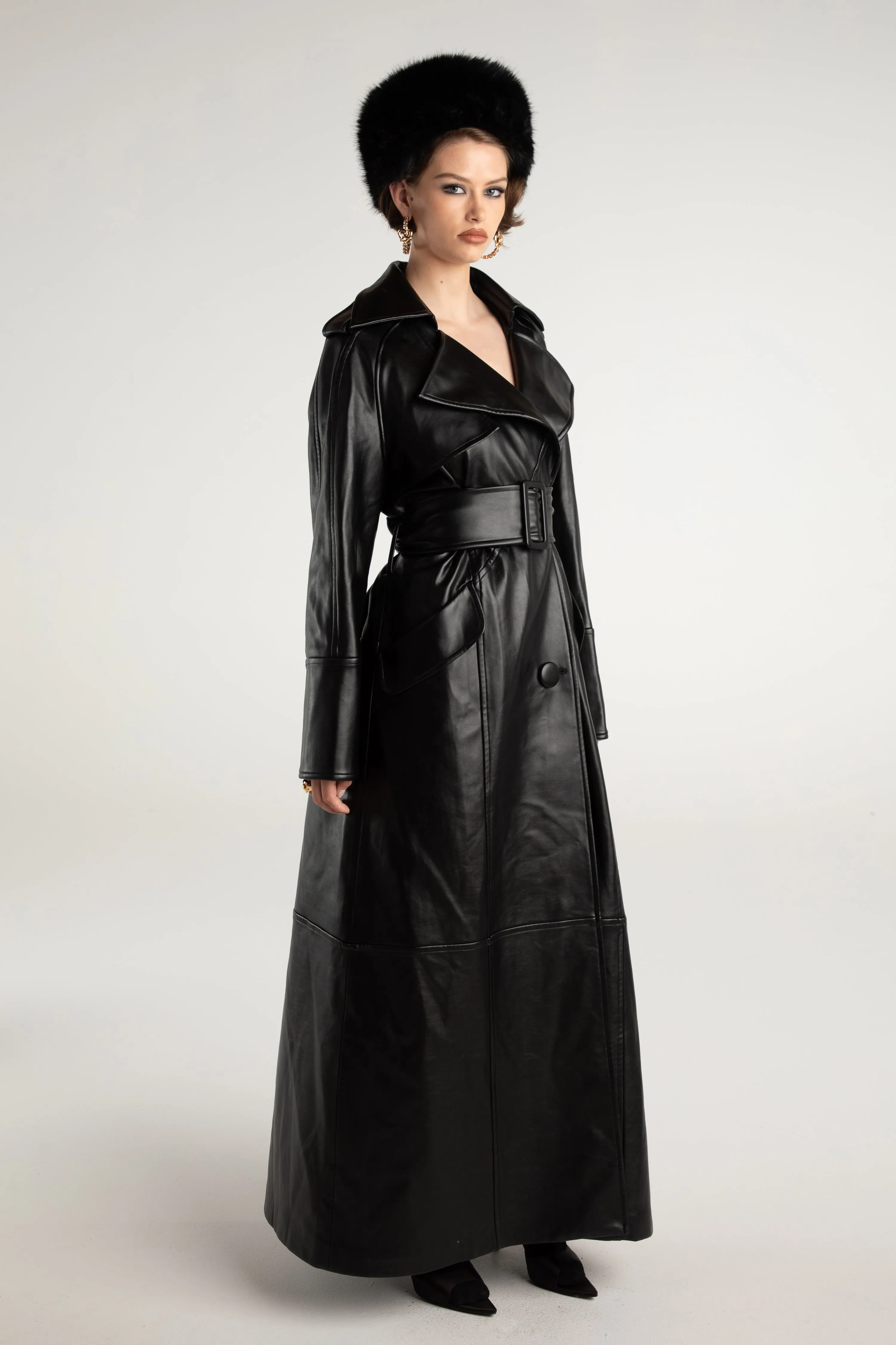 Cara Leather Trench Coat (Black) (Final Sale)