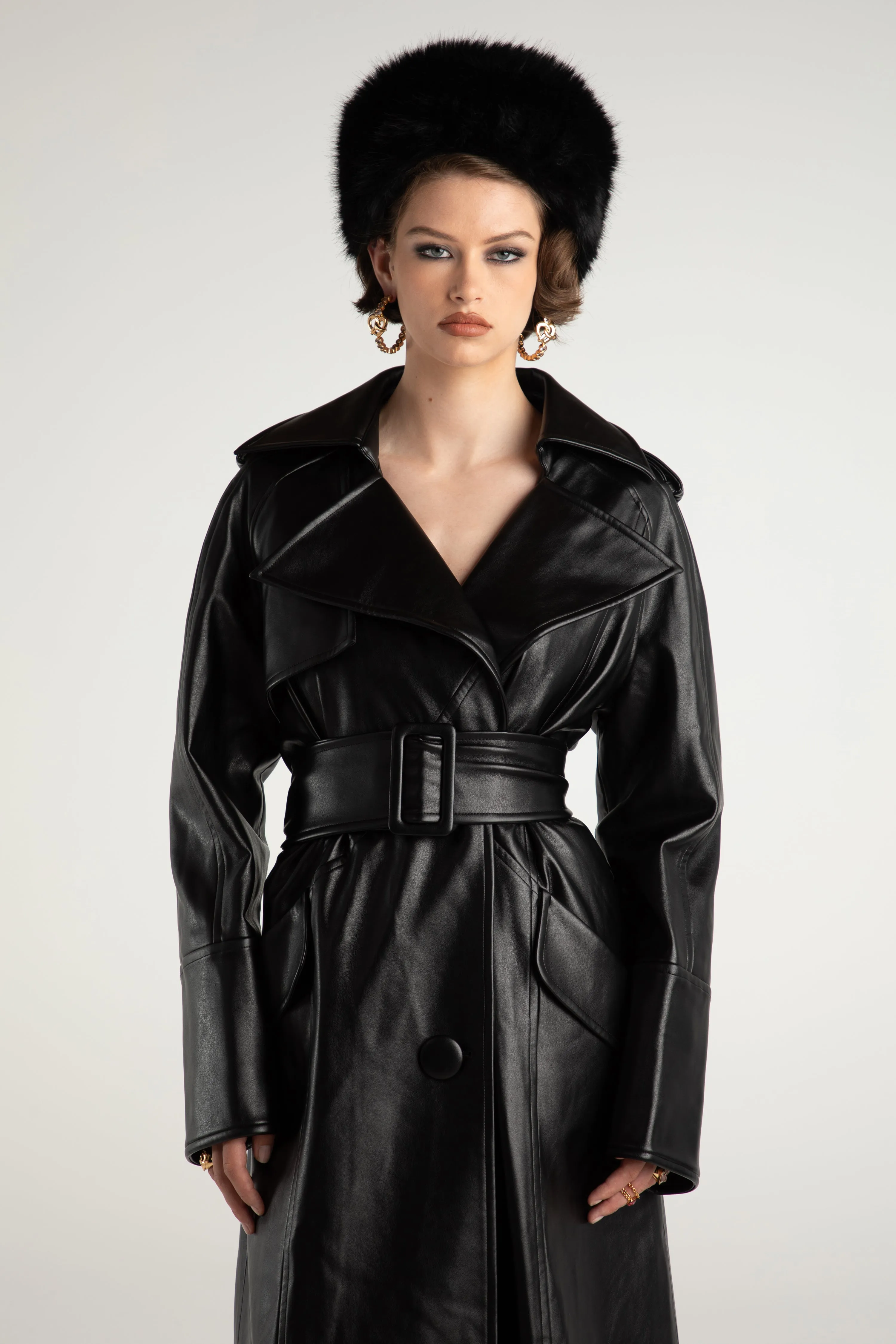 Cara Leather Trench Coat (Black) (Final Sale)