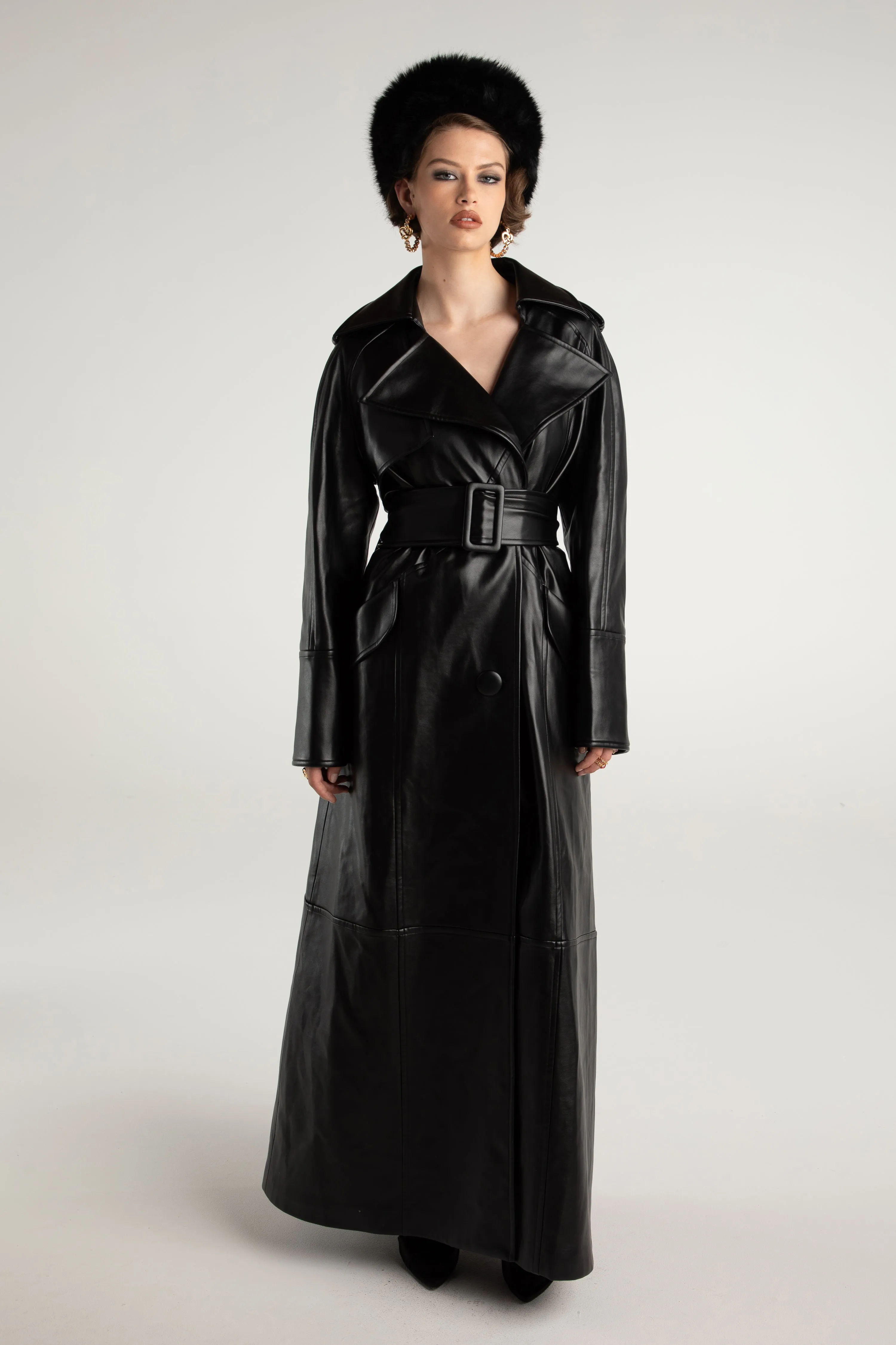 Cara Leather Trench Coat (Black) (Final Sale)