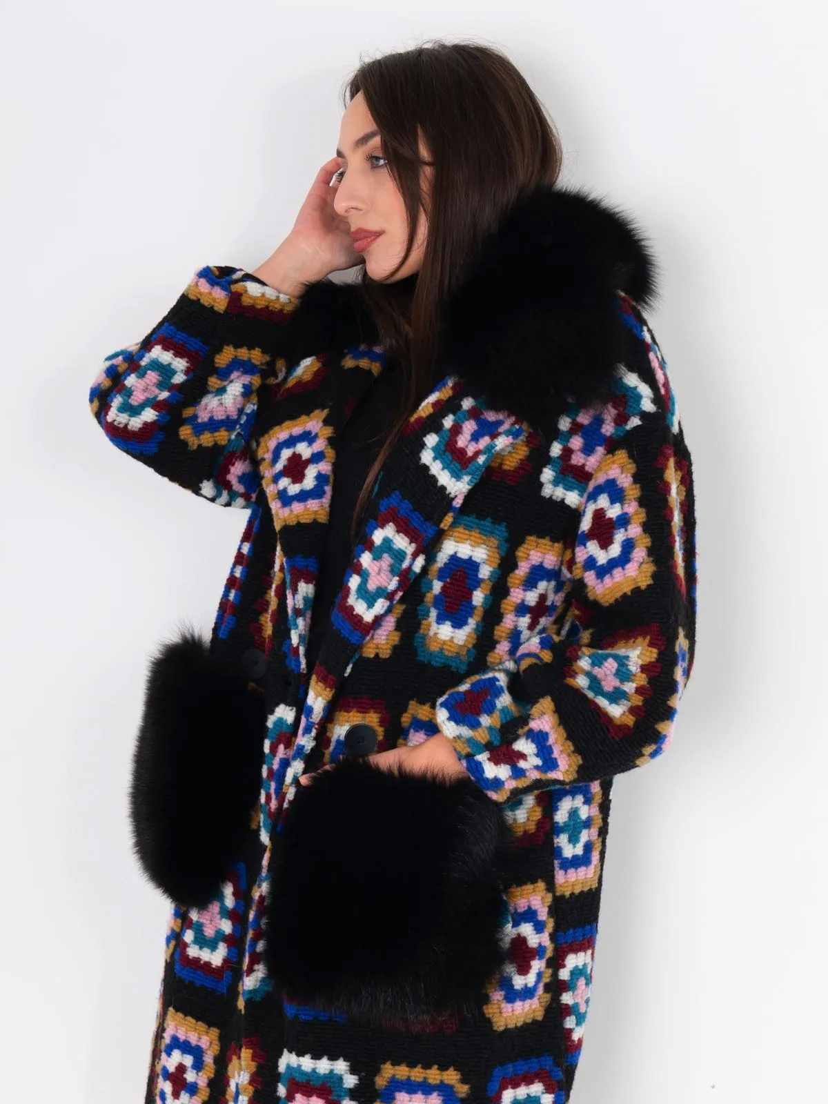 Coat fox Pockets And Neck Crochet Black