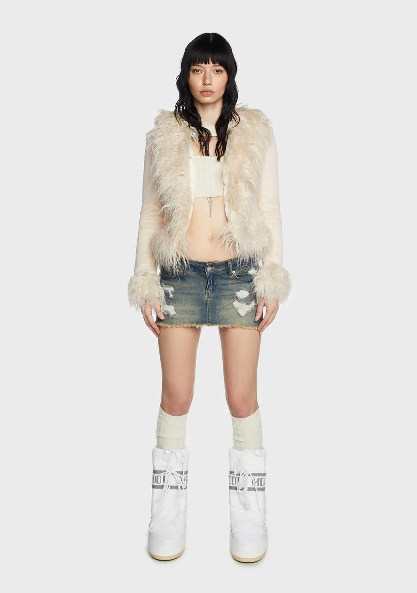 Cream Faux Fur Trim Coat