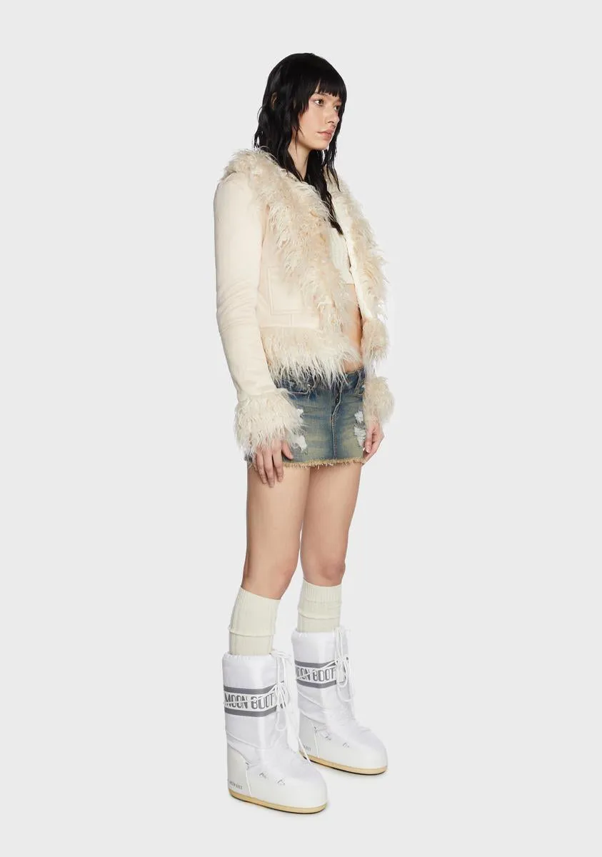 Cream Faux Fur Trim Coat
