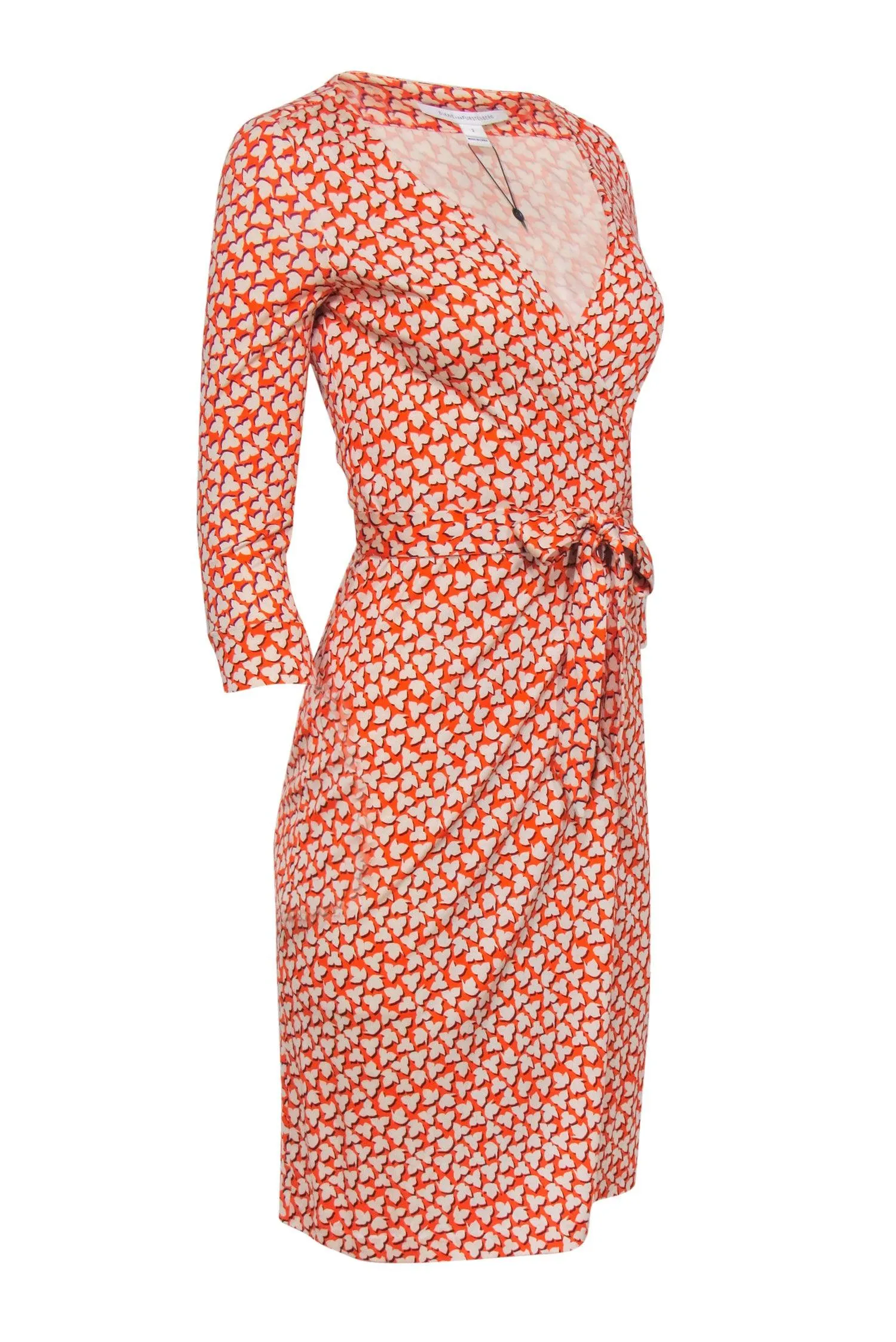 Diane von Furstenberg - Orange Printed Silk Cropped Sleeve Wrap Dress Sz 2