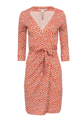 Diane von Furstenberg - Orange Printed Silk Cropped Sleeve Wrap Dress Sz 2
