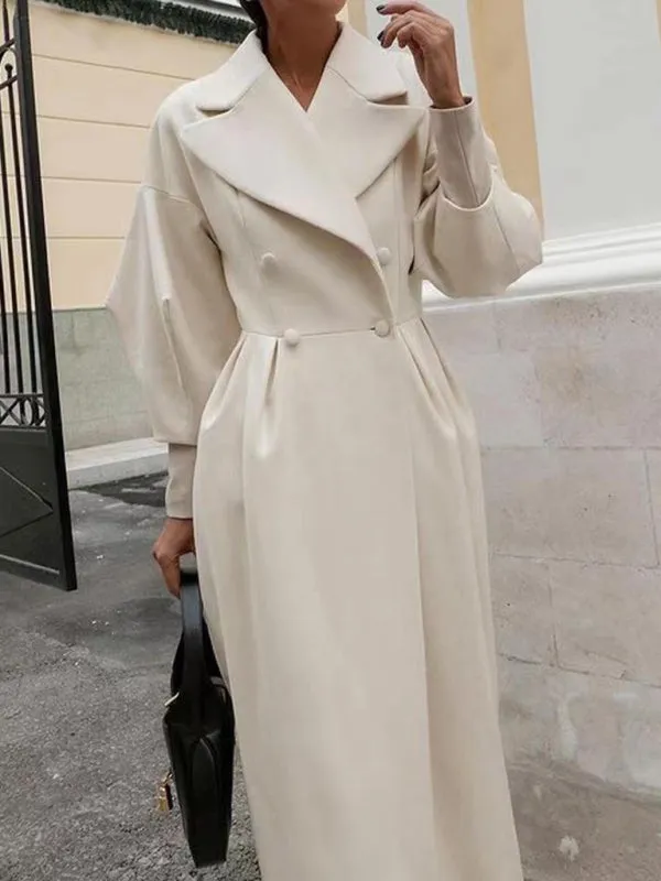Elegant Women's Long Overcoat with Pleated Waist and Lantern Sleeves - Perfect for Making a Statement