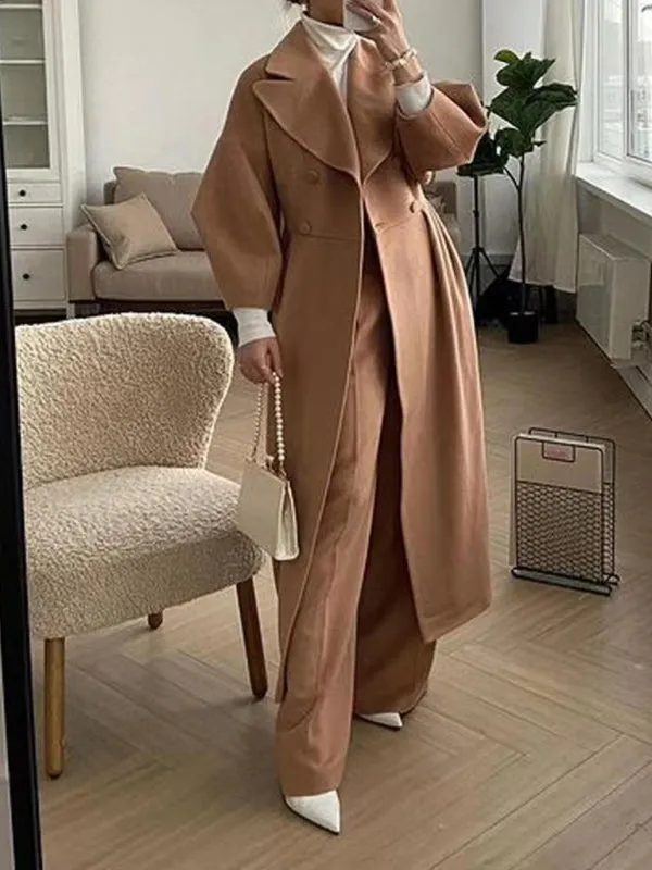 Elegant Women's Long Overcoat with Pleated Waist and Lantern Sleeves - Perfect for Making a Statement