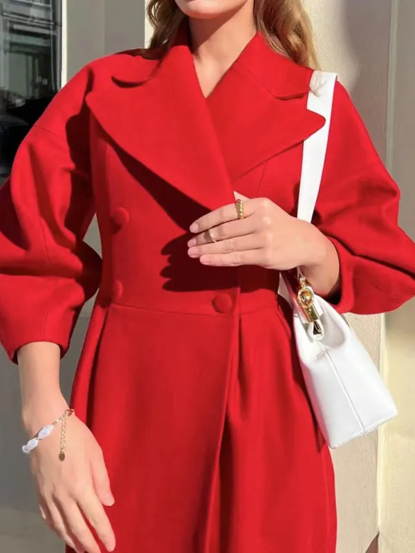 Elegant Women's Long Overcoat with Pleated Waist and Lantern Sleeves - Perfect for Making a Statement