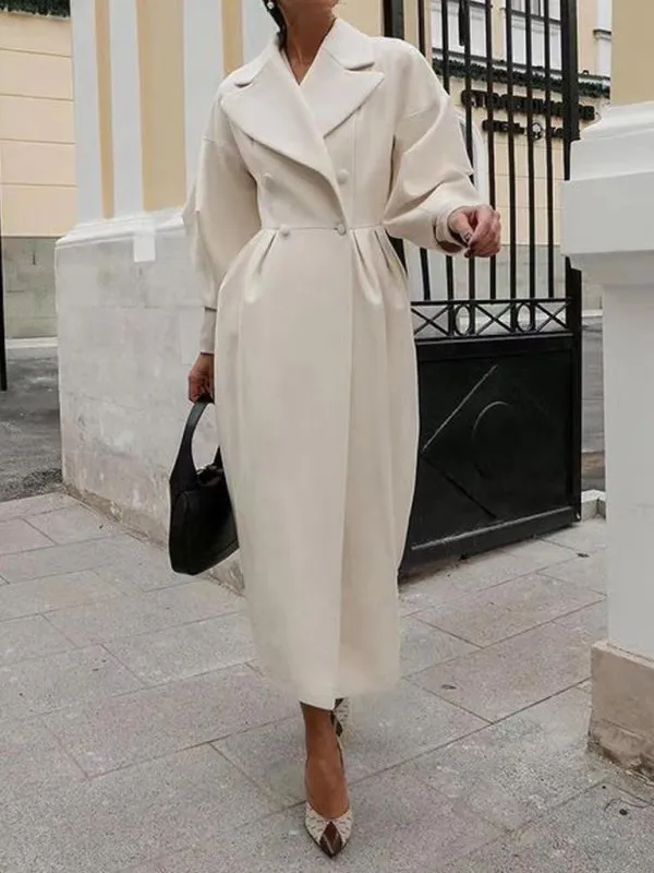 Elegant Women's Long Overcoat with Pleated Waist and Lantern Sleeves - Perfect for Making a Statement