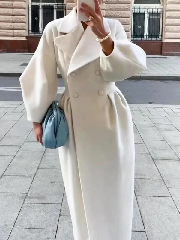 Elegant Women's Long Overcoat with Pleated Waist and Lantern Sleeves - Perfect for Making a Statement