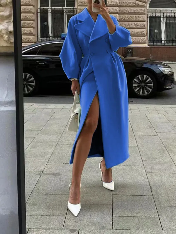 Elegant Women's Long Overcoat with Pleated Waist and Lantern Sleeves - Perfect for Making a Statement