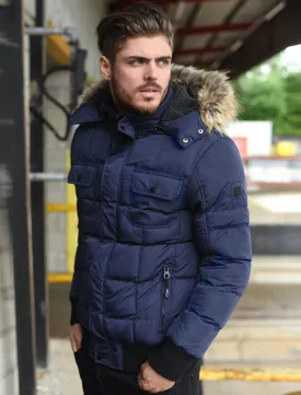 Enyo Quilted Puffer Jacket With Detachable Fur Trim Hood in Midnight Blue - Dissident