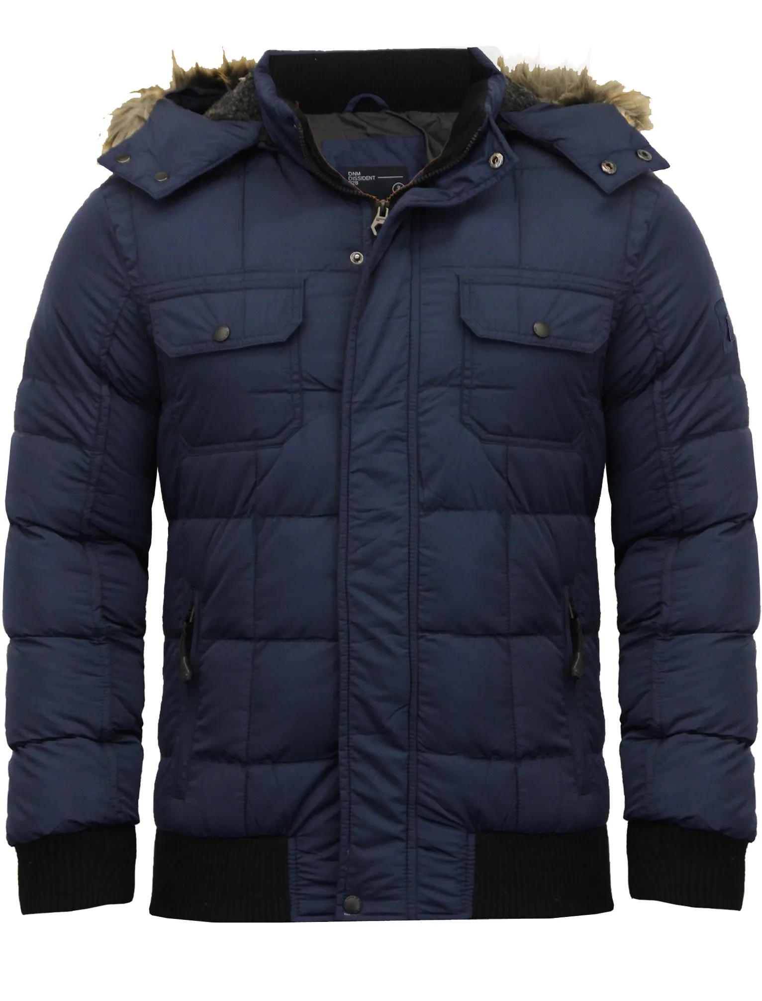 Enyo Quilted Puffer Jacket With Detachable Fur Trim Hood in Midnight Blue - Dissident