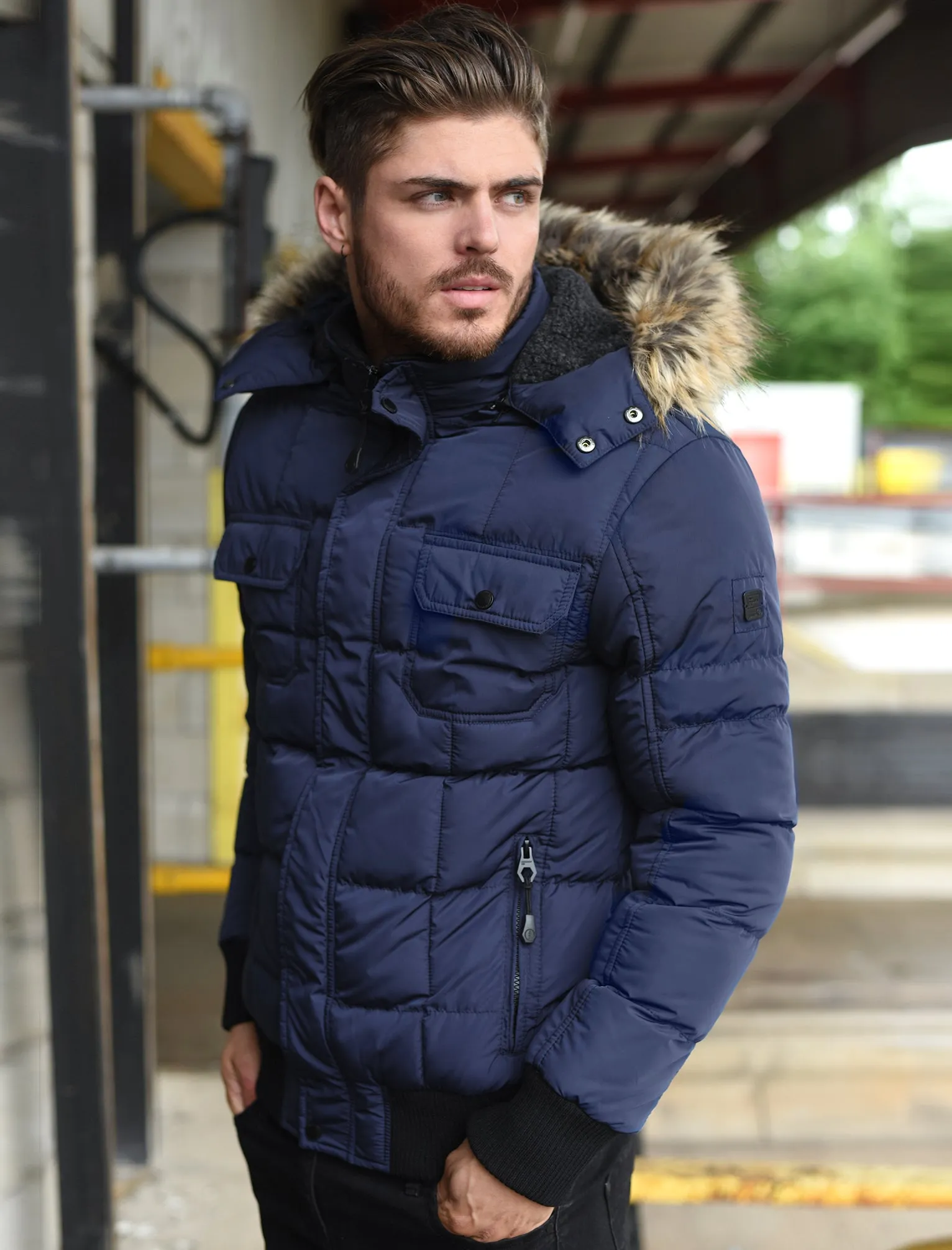 Enyo Quilted Puffer Jacket With Detachable Fur Trim Hood in Midnight Blue - Dissident