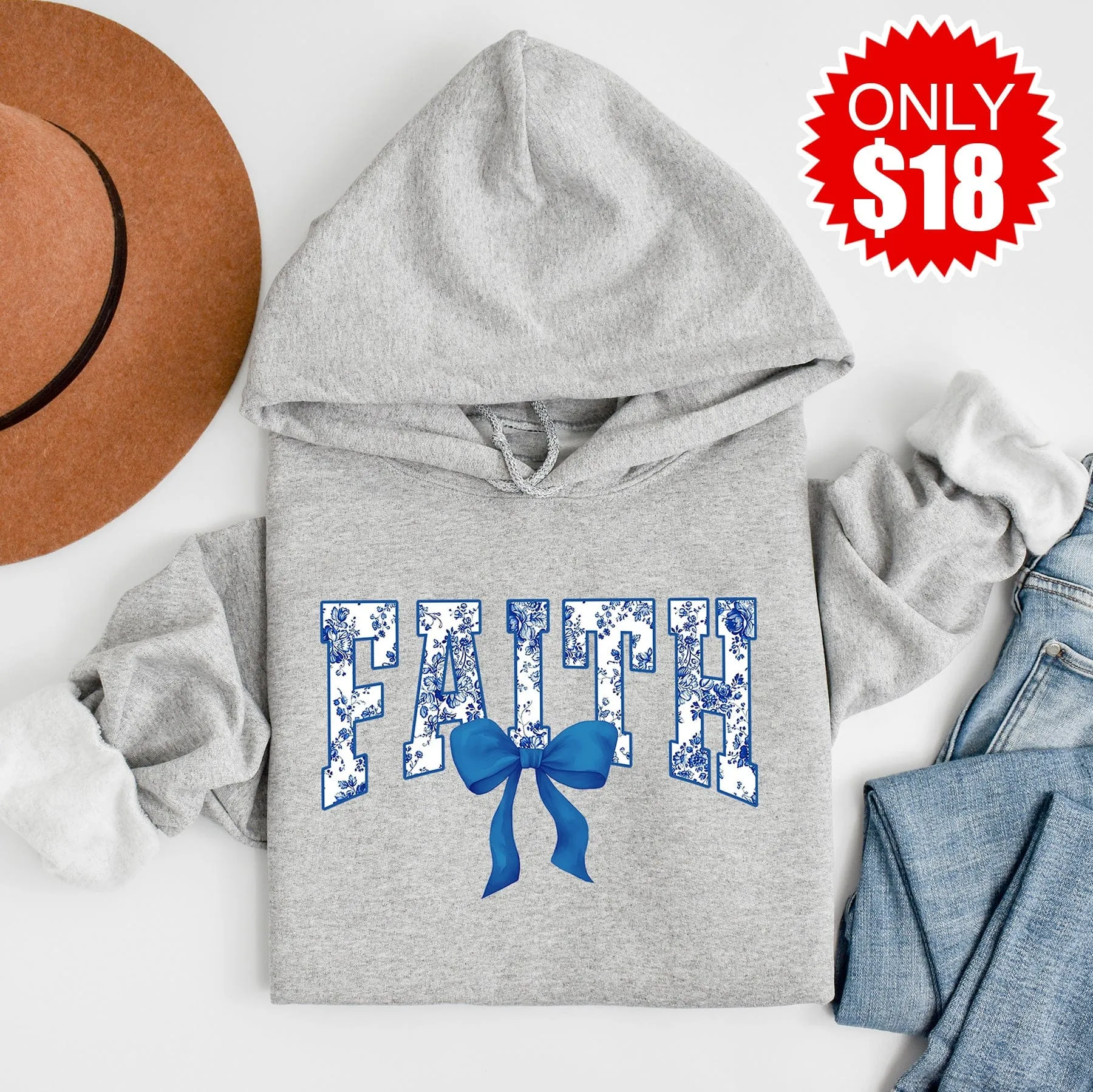 Faith Bow Pullover Hoodie - Heather Grey