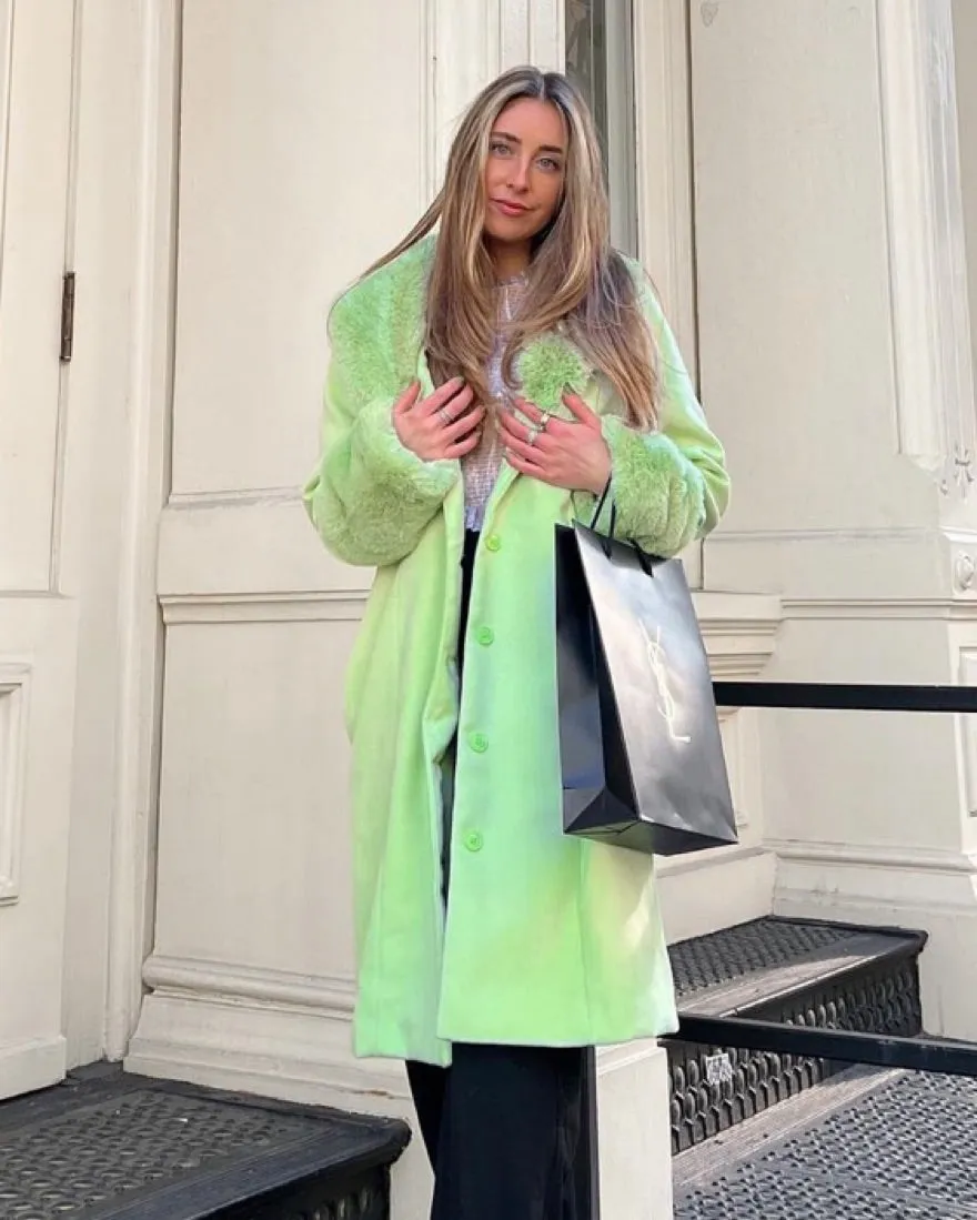 Fur Trim Stylish Green Coat