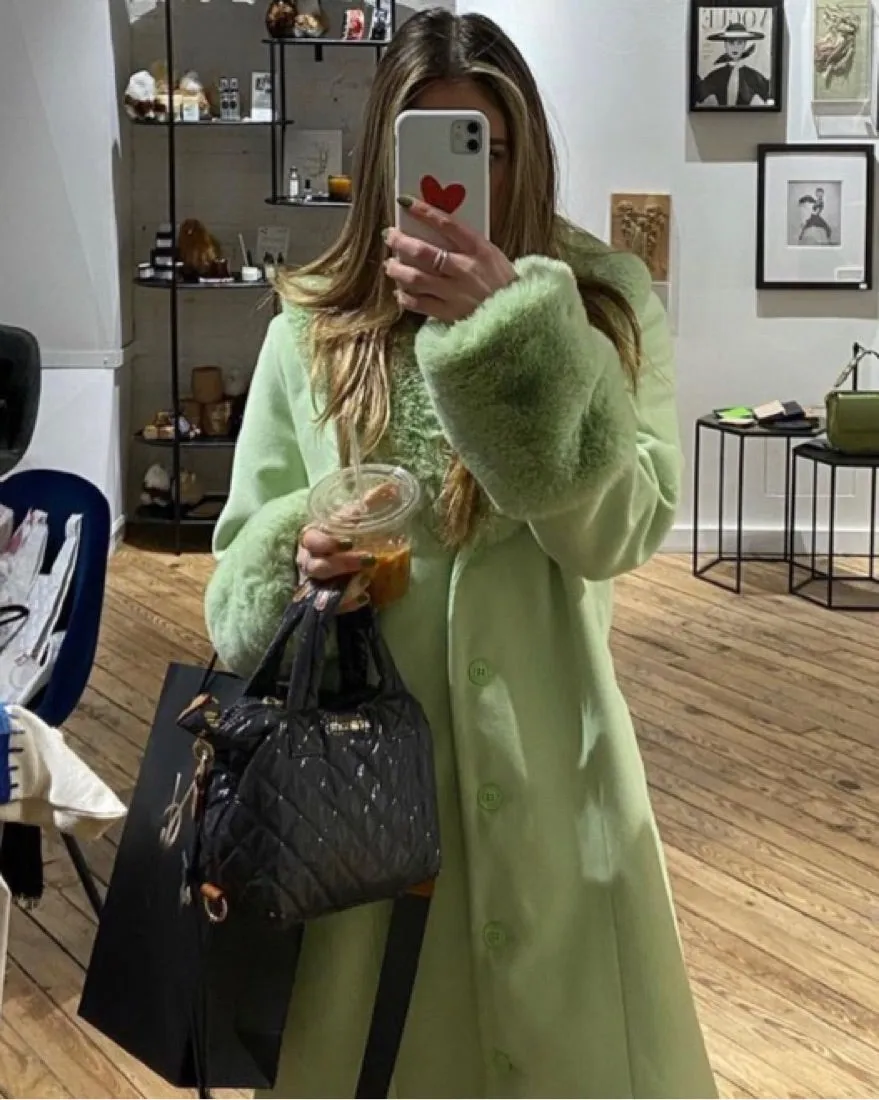 Fur Trim Stylish Green Coat