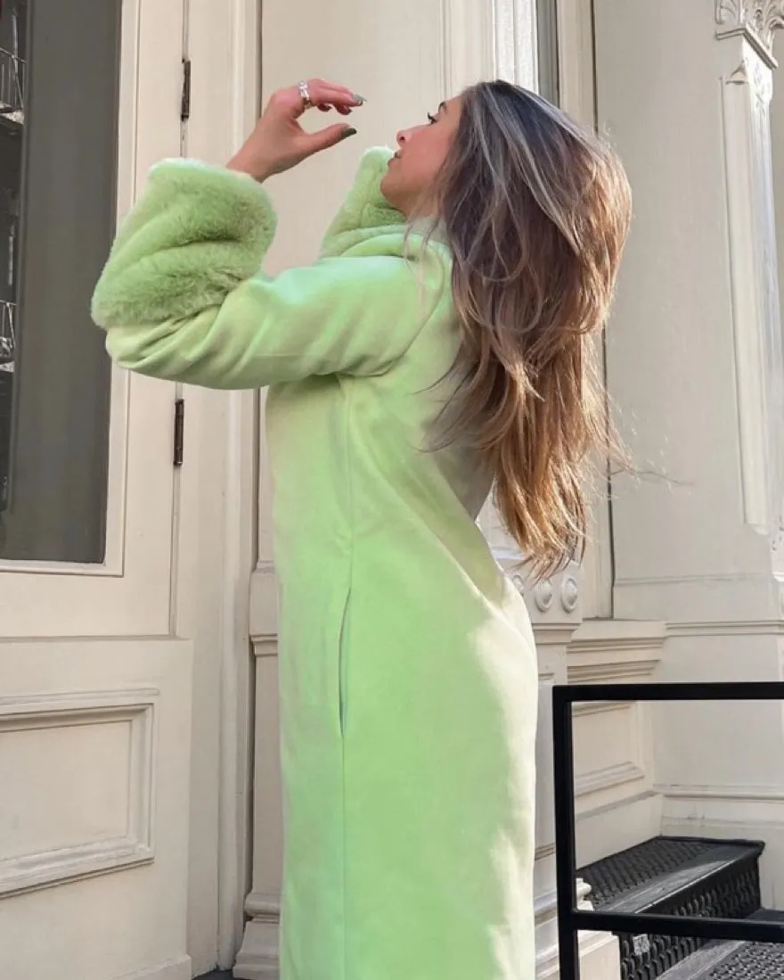 Fur Trim Stylish Green Coat