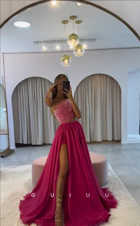 G4407 - Chic & Modern A-Line Detachable One Shoulder Stain Beaded Sleeveless Long Prom Party Dress with Slit