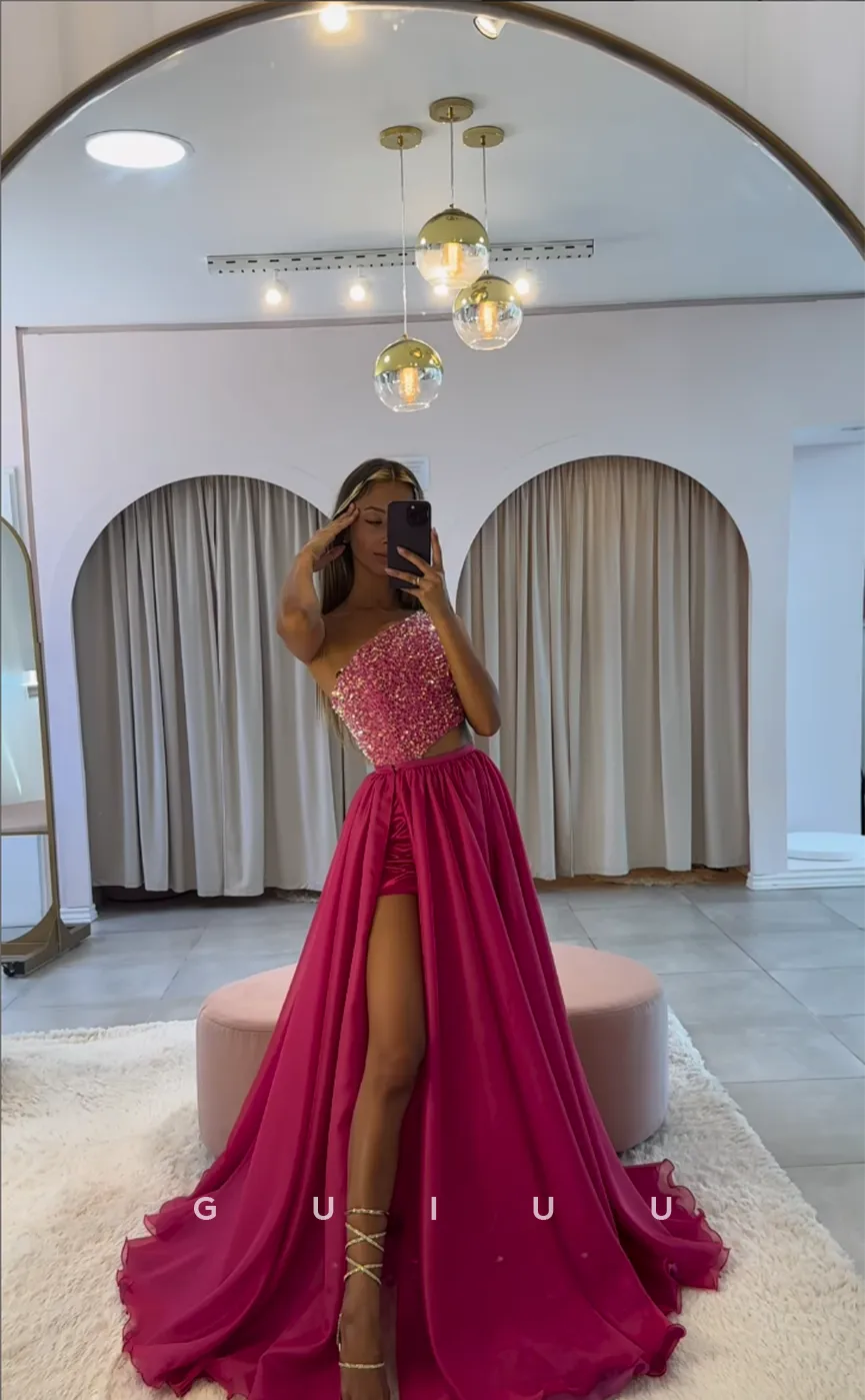 G4407 - Chic & Modern A-Line Detachable One Shoulder Stain Beaded Sleeveless Long Prom Party Dress with Slit