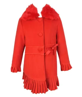 Girls Coat with Detachable Fur Collar and Hat Set - Red