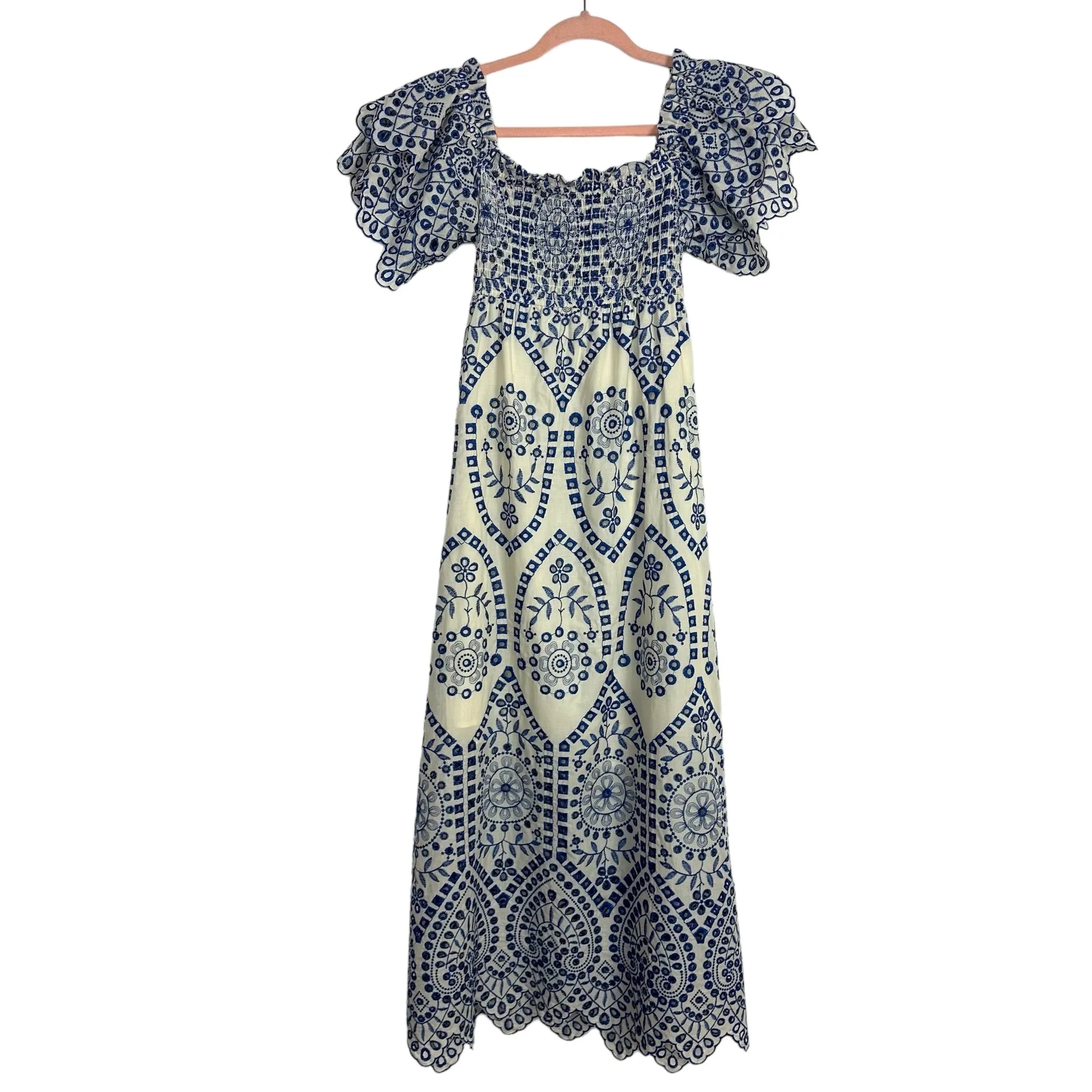 Goodnight Macaroon Cream and Blue Partially Lined Eyelet Back Cutout Dress- Size M (see notes)