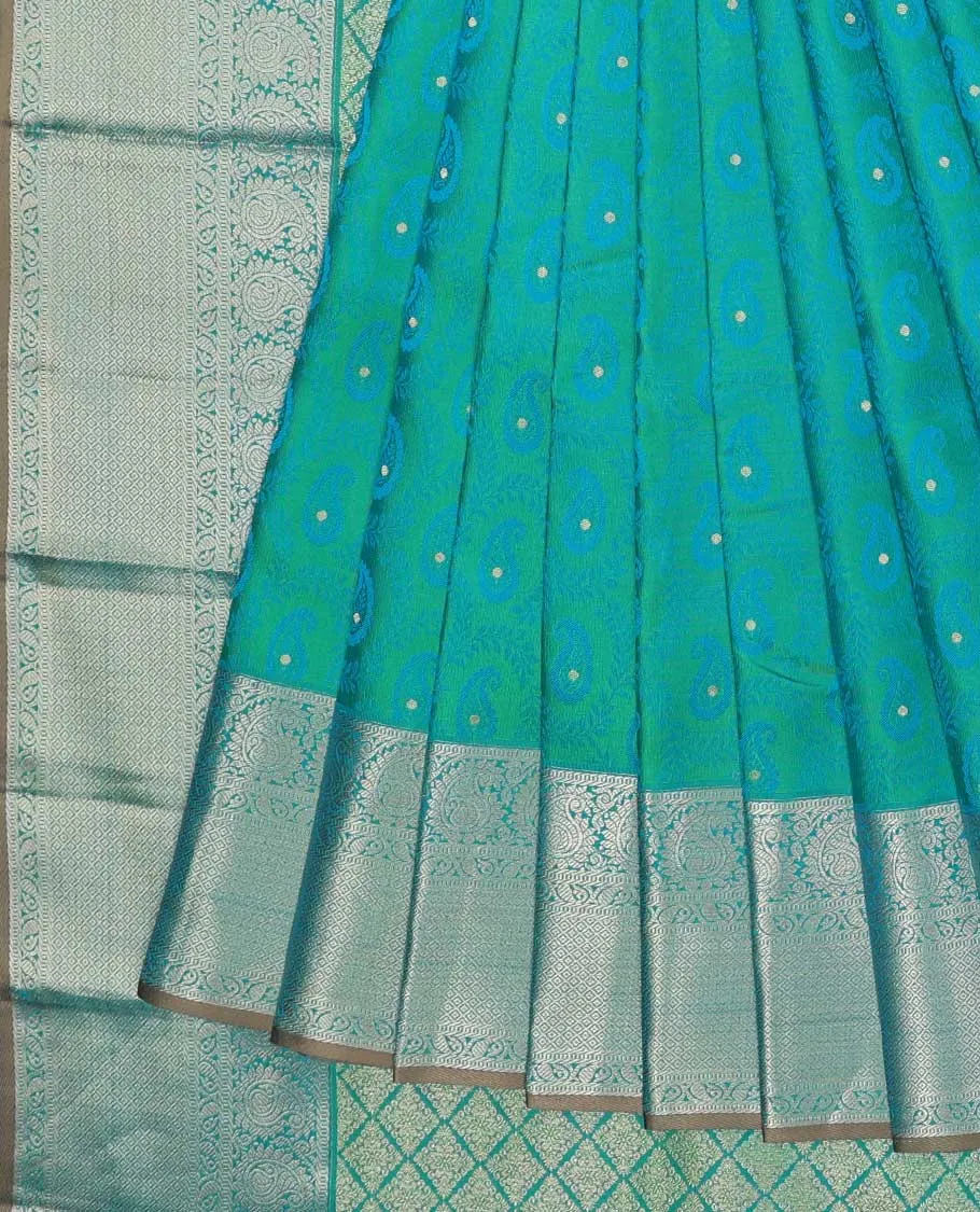 Green Bangalore silk saree with paisley vine designs, traditional zari design border & pallu of paisley & jaal designs