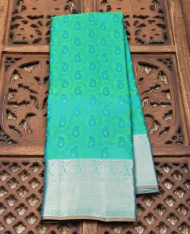 Green Bangalore silk saree with paisley vine designs, traditional zari design border & pallu of paisley & jaal designs