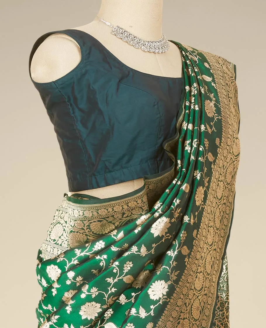 Green floral jaal jacquard banaras silk saree, floral creeper design border & intricately designed pallu