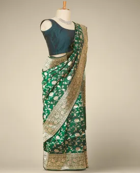 Green floral jaal jacquard banaras silk saree, floral creeper design border & intricately designed pallu