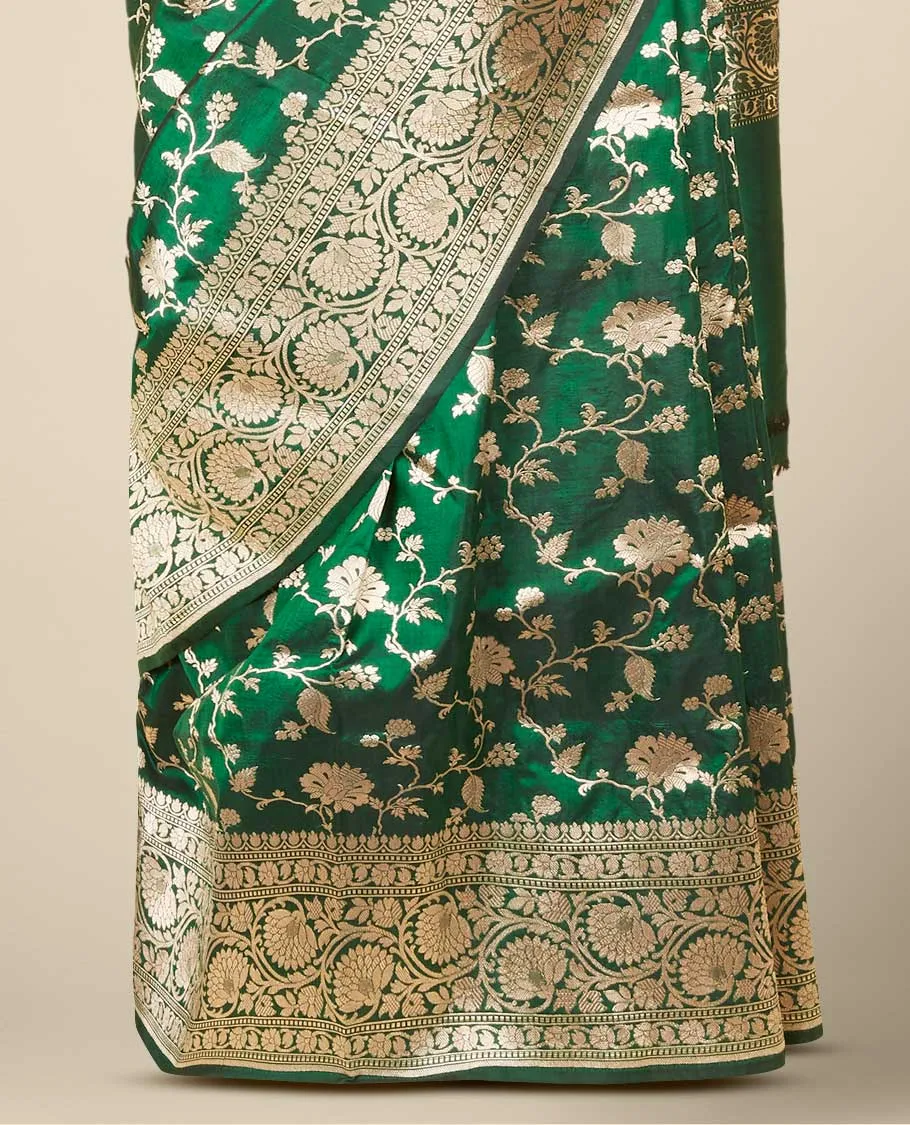 Green floral jaal jacquard banaras silk saree, floral creeper design border & intricately designed pallu