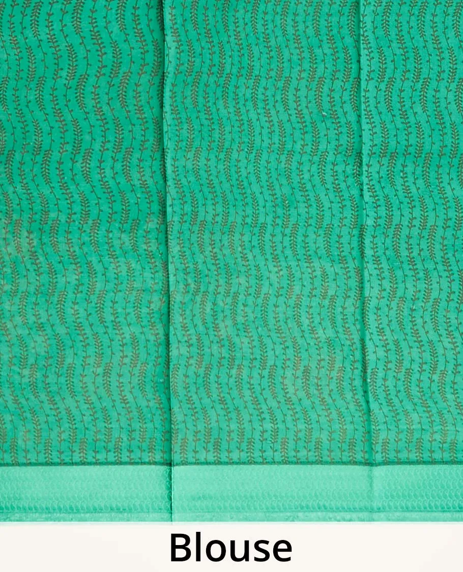 Green kalamkari-style floral vine & peacock printed silk saree, paisley motifs border