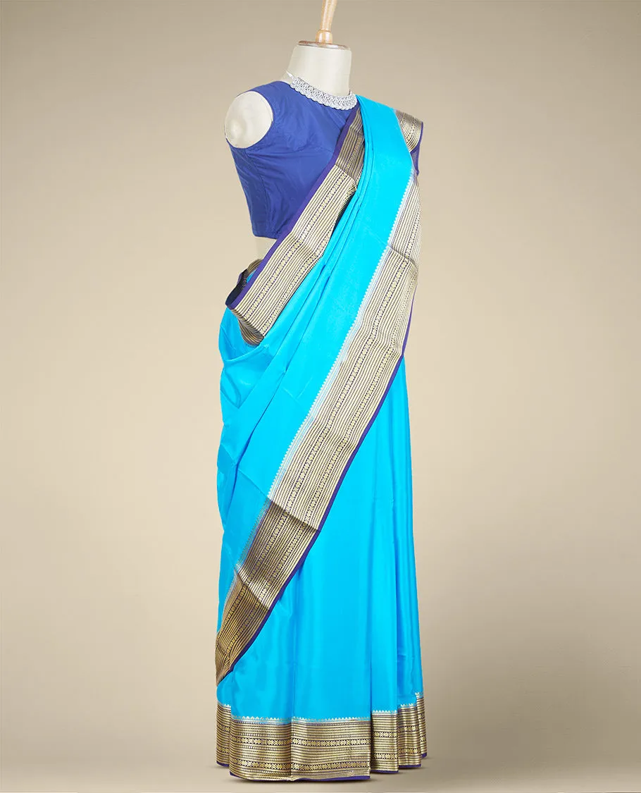Green plain design mysore silk saree, contrast traditional zari border & pallu of zari stripes