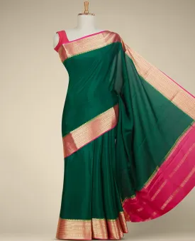 Green plain design mysore silk saree, contrast traditional zari border & pallu of zari stripes