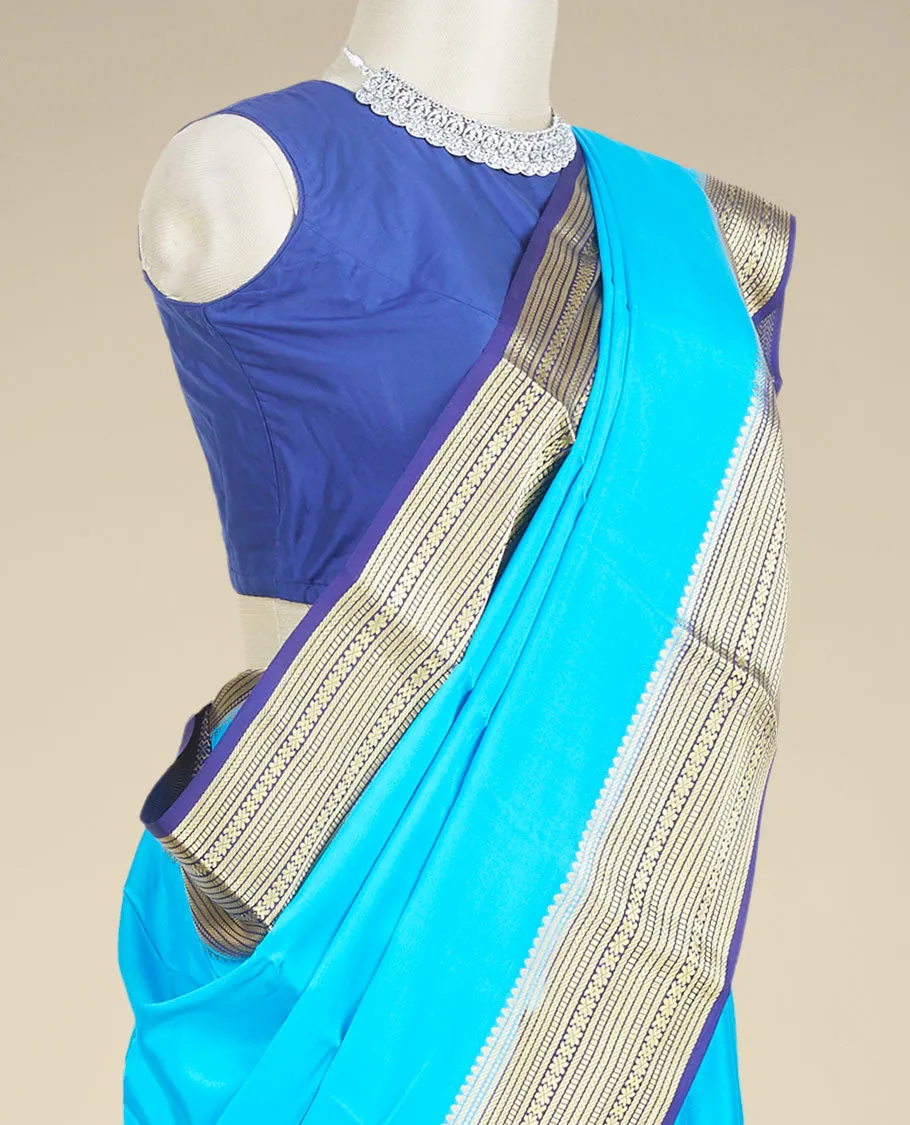 Green plain design mysore silk saree, contrast traditional zari border & pallu of zari stripes
