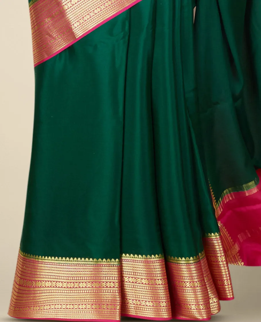 Green plain design mysore silk saree, contrast traditional zari border & pallu of zari stripes