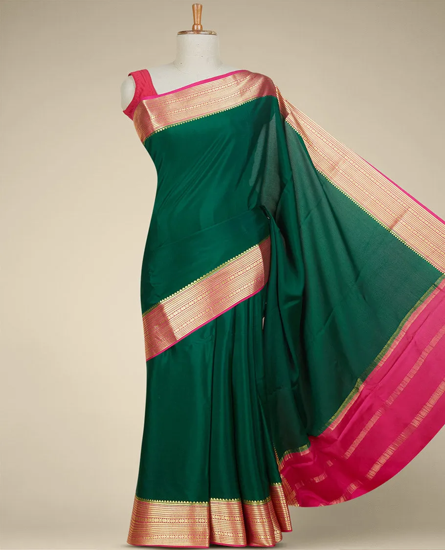 Green plain design mysore silk saree, contrast traditional zari border & pallu of zari stripes