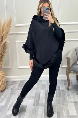 Gwen Black Faux Fur Trim Pull Over Cape