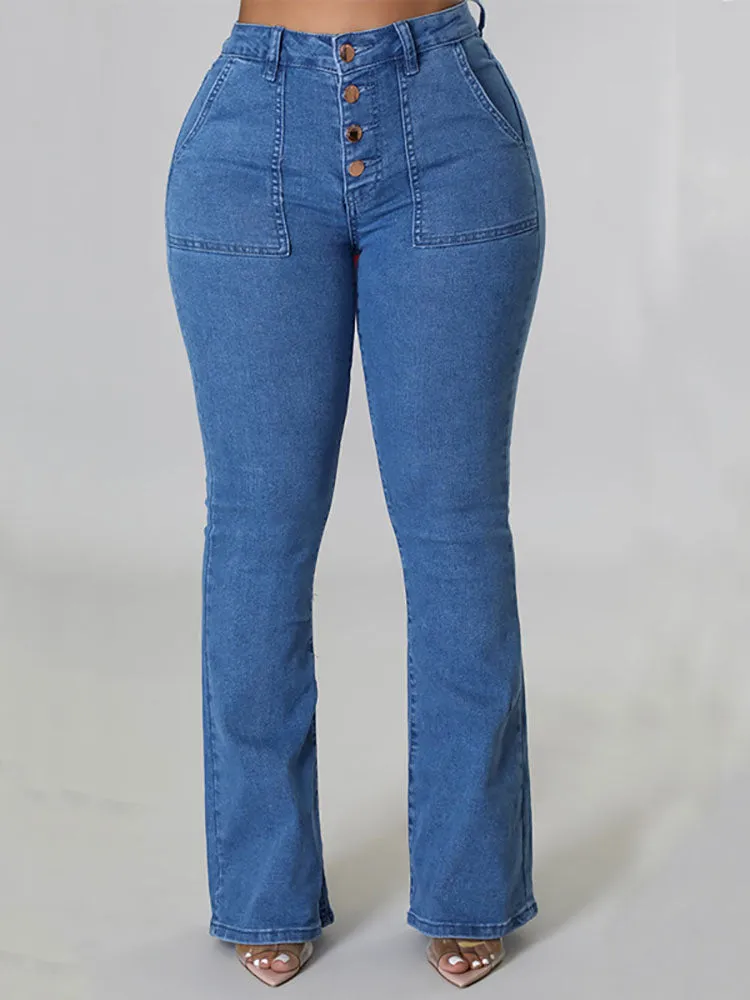High Waist Buttons Flared Jeans