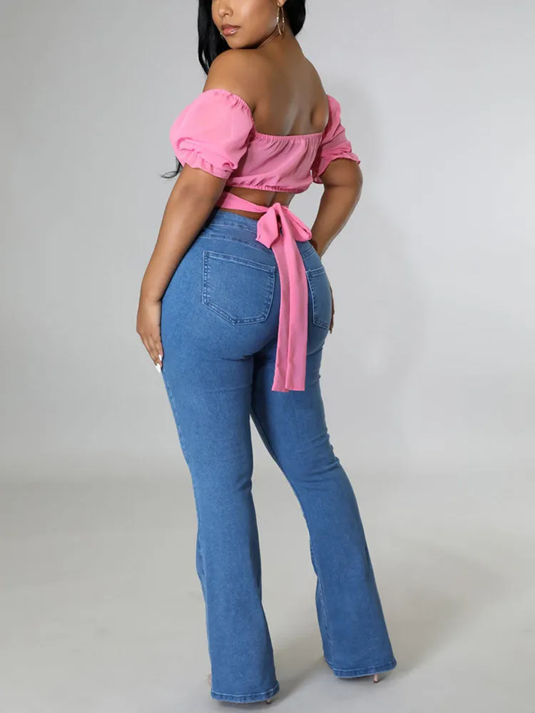 High Waist Buttons Flared Jeans