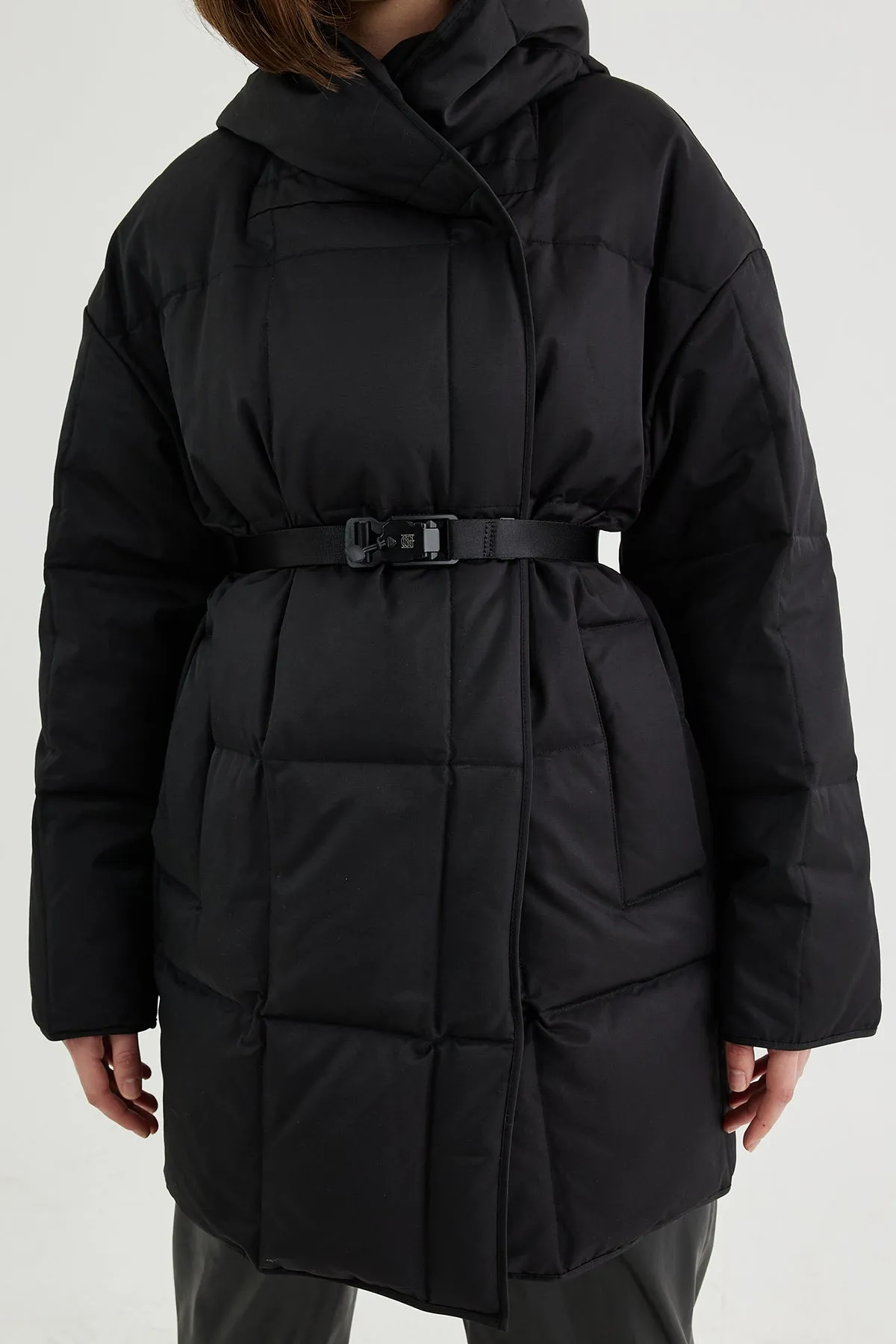 Hooded quilted-shell down coat
