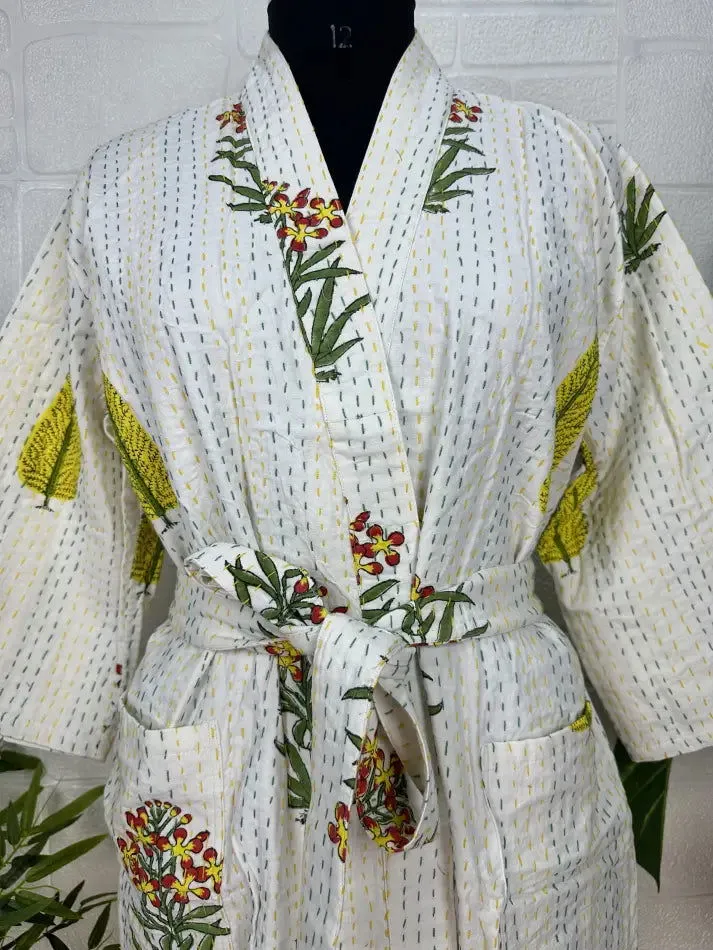 Kantha Pure Cotton Reversible Long Kimono Women Jacket Floral Print White Green