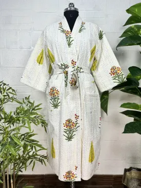 Kantha Pure Cotton Reversible Long Kimono Women Jacket Floral Print White Green