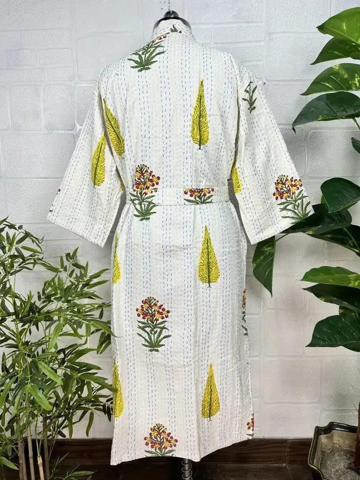 Kantha Pure Cotton Reversible Long Kimono Women Jacket Floral Print White Green