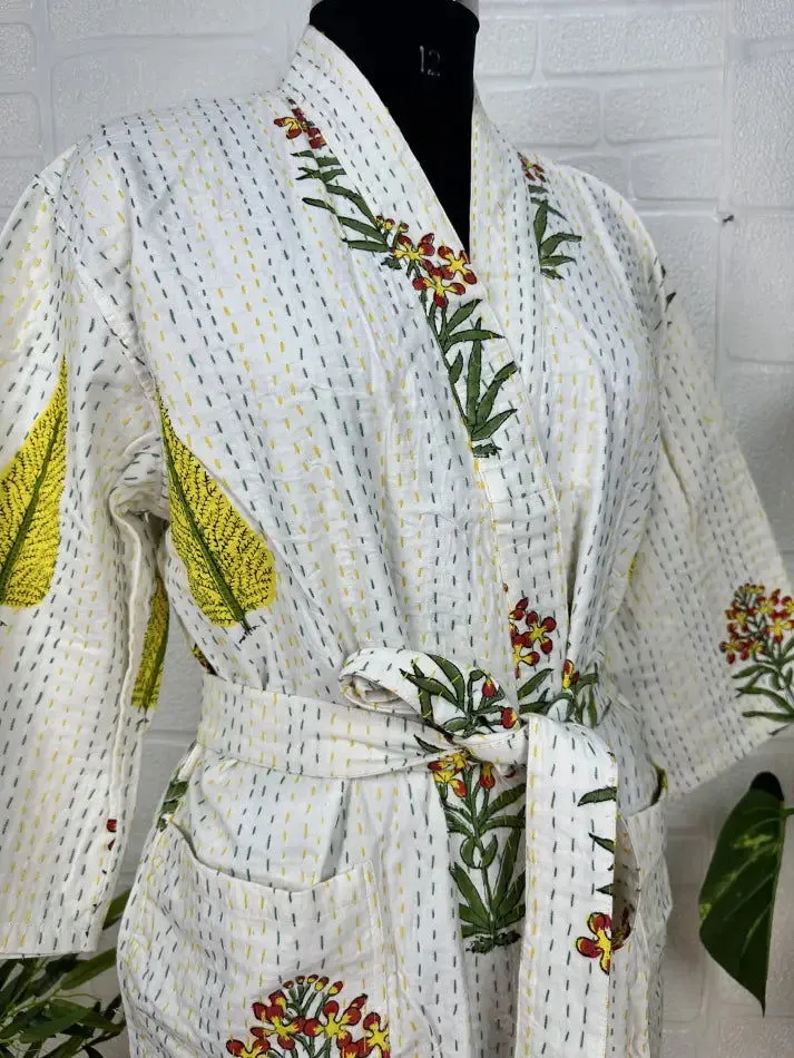 Kantha Pure Cotton Reversible Long Kimono Women Jacket Floral Print White Green