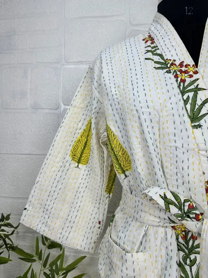 Kantha Pure Cotton Reversible Long Kimono Women Jacket Floral Print White Green