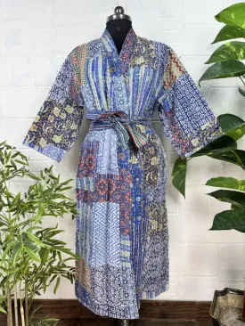 Kantha Pure Cotton Reversible Long Kimono Women Jacket Patchwork Print Blue White
